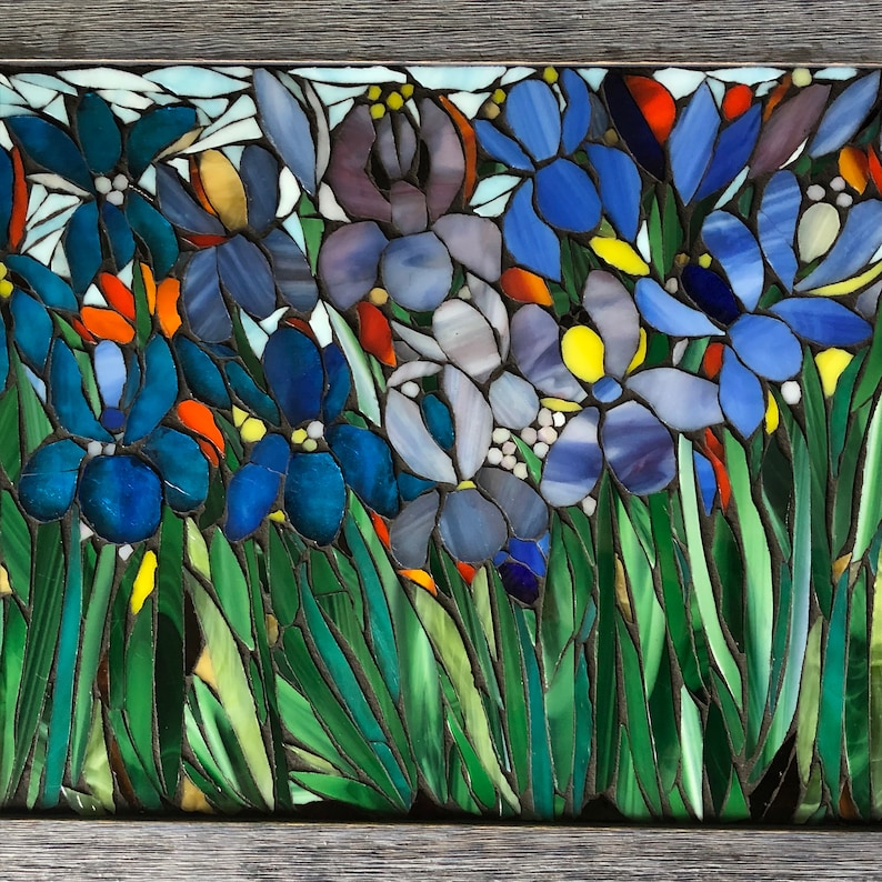 Iris Flower Mosaic Blue Iris Stained Glass Window, Botanical Art