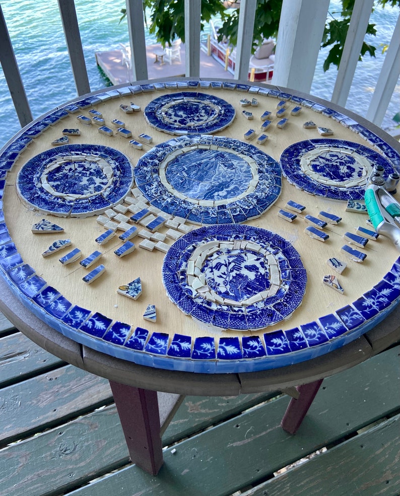 Mosaic Cafe Table Top. Blue Willow China. Broken Ceramic Tiles. Gift ...