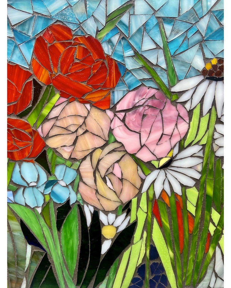 Mixed Flower Stained Glass Window. Framed Hanging Glass Art. Etsy