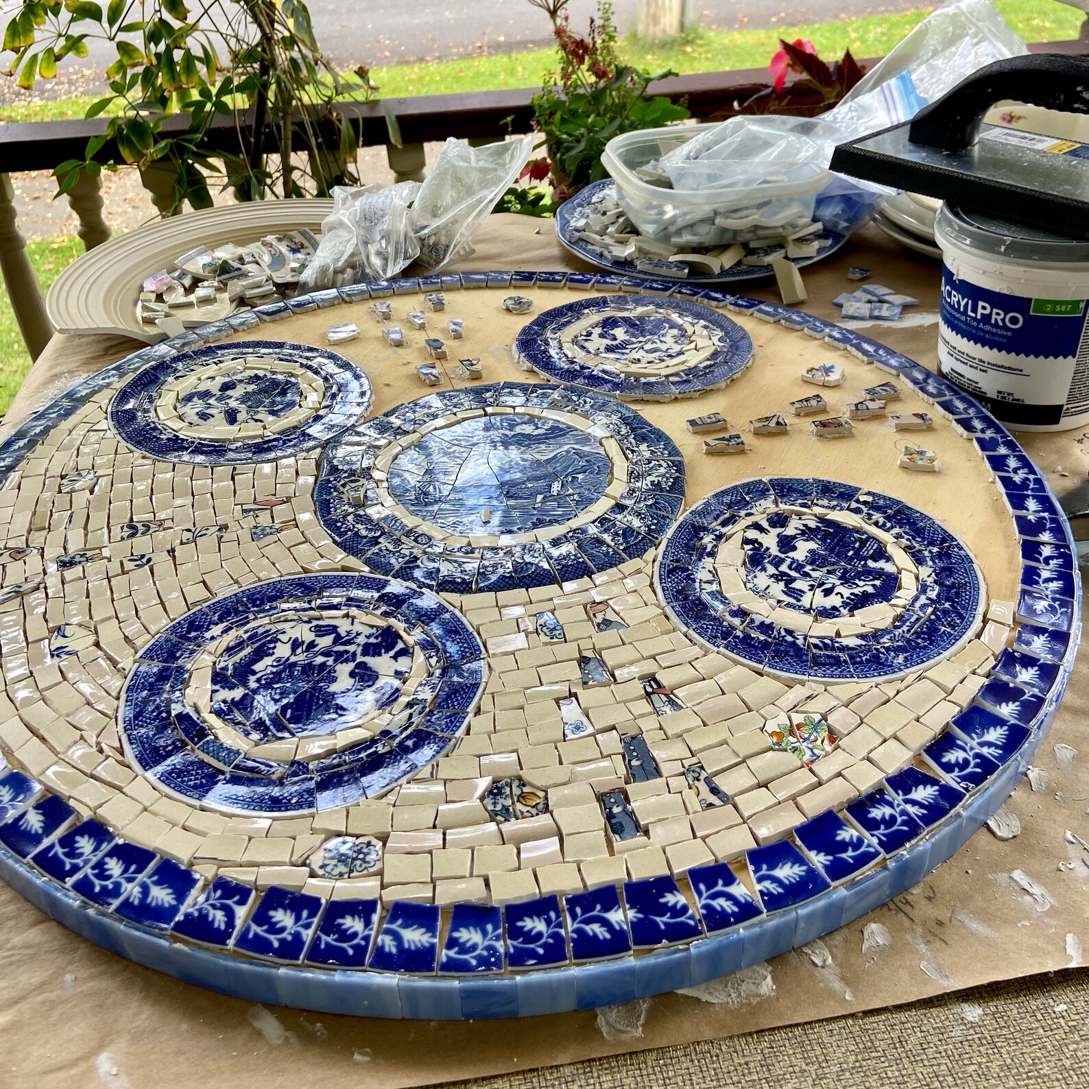 Mosaic Cafe Table Top. Blue Willow China. Broken Ceramic Tiles. Gift ...