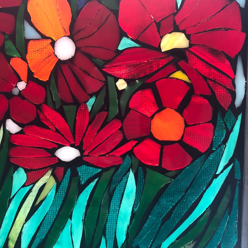 Mosaic Poppy Window, Poppy Mosaic, Stained Glass Window, Flower Art