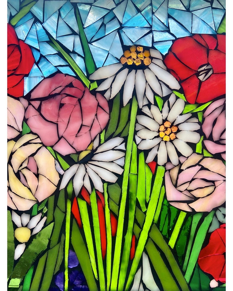 Mixed Flower Stained Glass Window. Framed Hanging Glass Art. Etsy