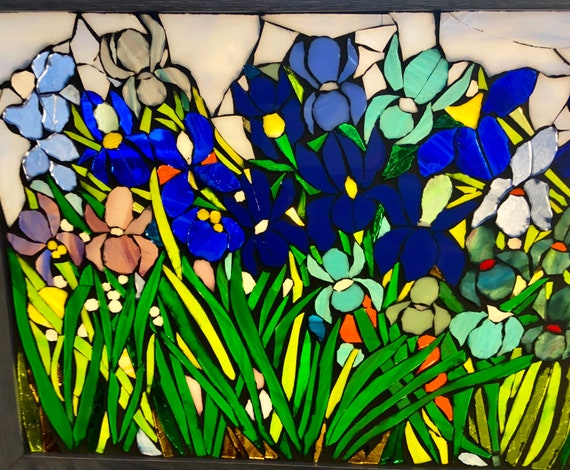 Mixed Irises Stained Glass Window. Framed Hanging Glass Art