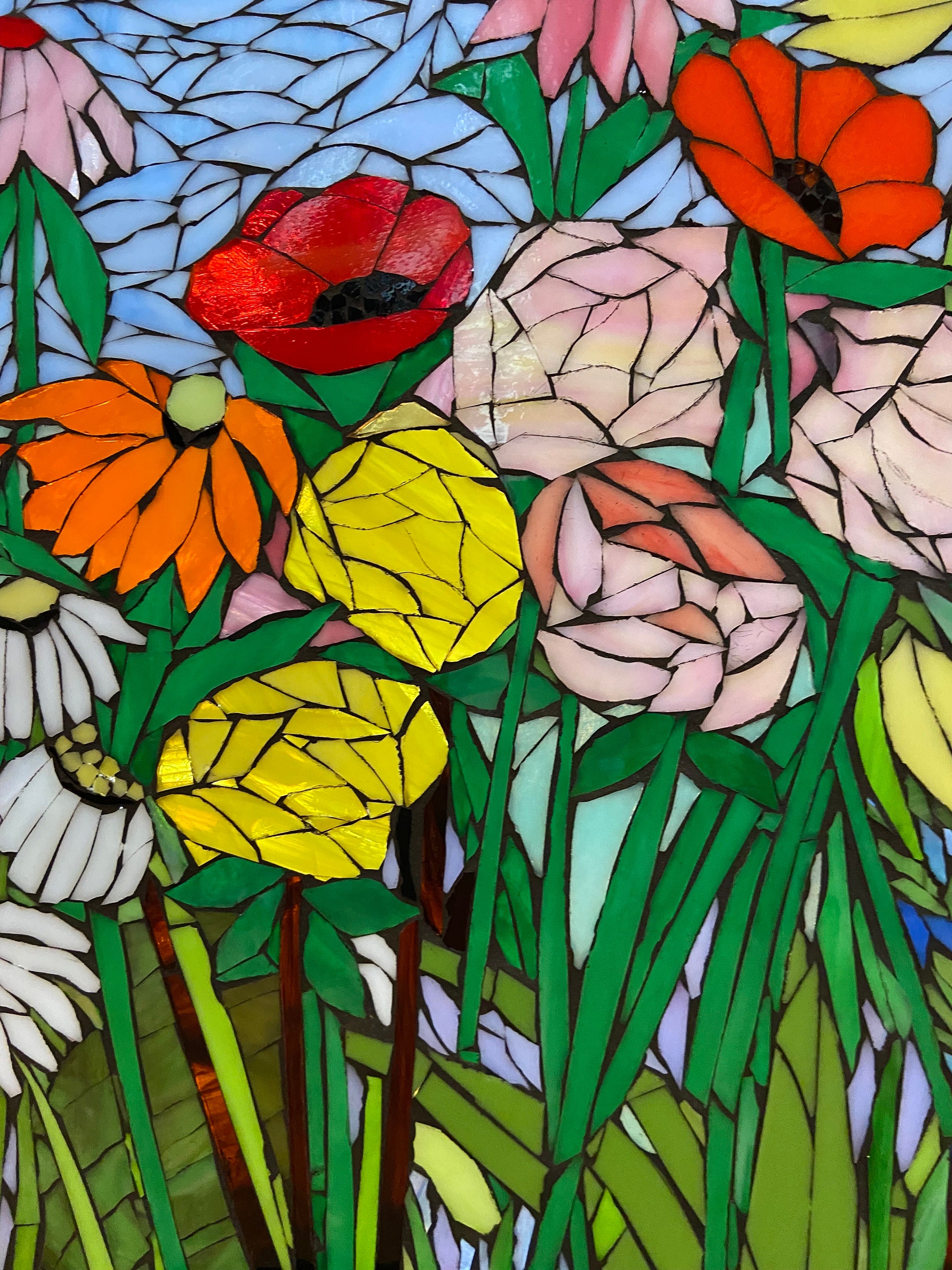 Transom Window Mixed Flower Stained Glass . Framed Hanging Glass Art