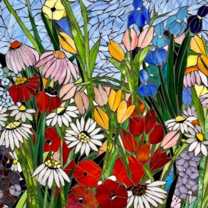 Mixed Flower Stained Glass Mosaic Panel. Framed Hanging Glass Art ...