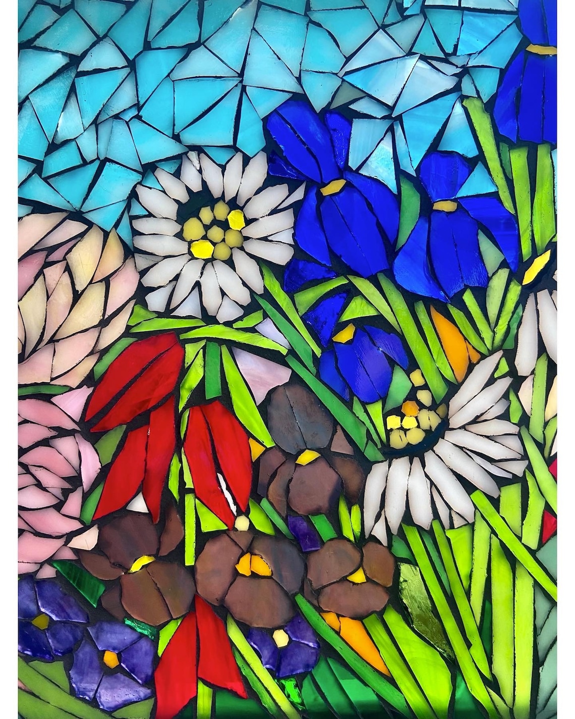 Mixed Flower Stained Glass Window. Framed Hanging Glass Art. Etsy