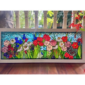 Mixed flower stained glass window. Framed hanging glass art. Large garden mosaic wall art. Roses and wildflowers. Botanical art lover.