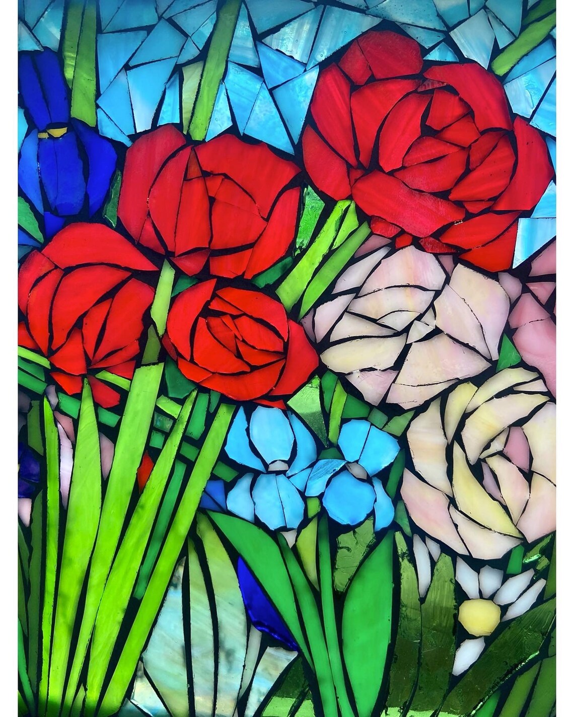 Mixed Flower Stained Glass Window. Framed Hanging Glass Art. Etsy