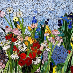 Mixed flower stained glass mosaic panel. Framed hanging glass art. Large garden mosaic wall art. Gift idea for big sky lover.