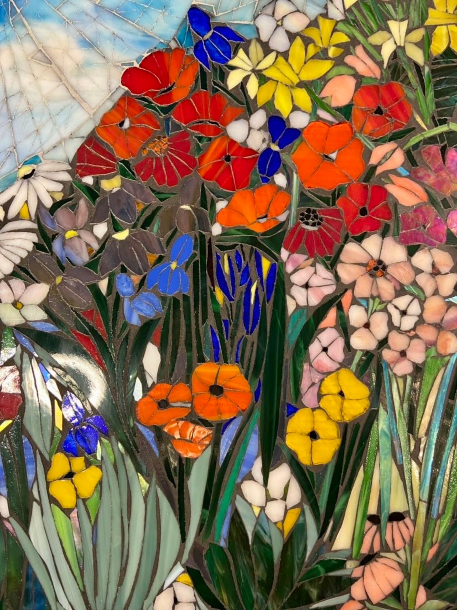 Mixed Flower Stained Glass Mosaic Panel. Framed Hanging Glass Art