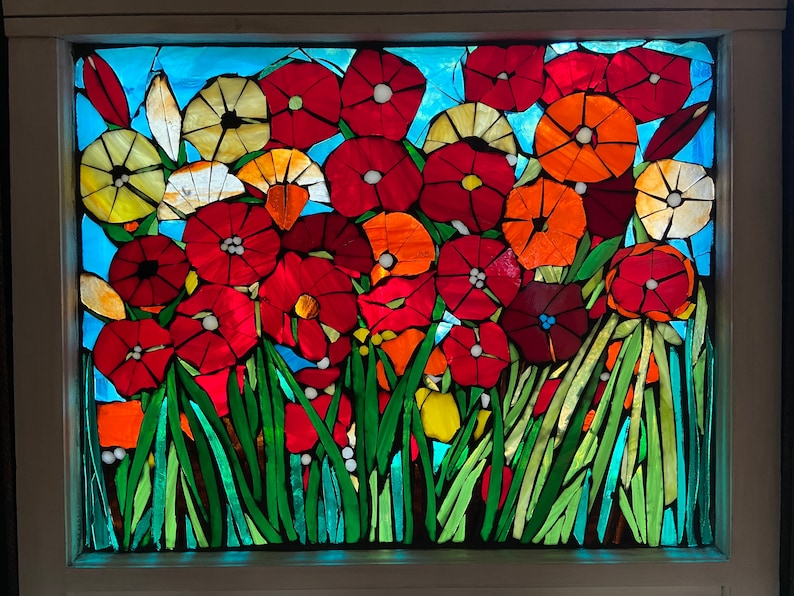 Mosaic Poppy Window, Poppy Mosaic, Stained Glass Window, Flower Art ...