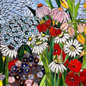 Mixed Flower Stained Glass Mosaic Panel. Framed Hanging Glass Art ...