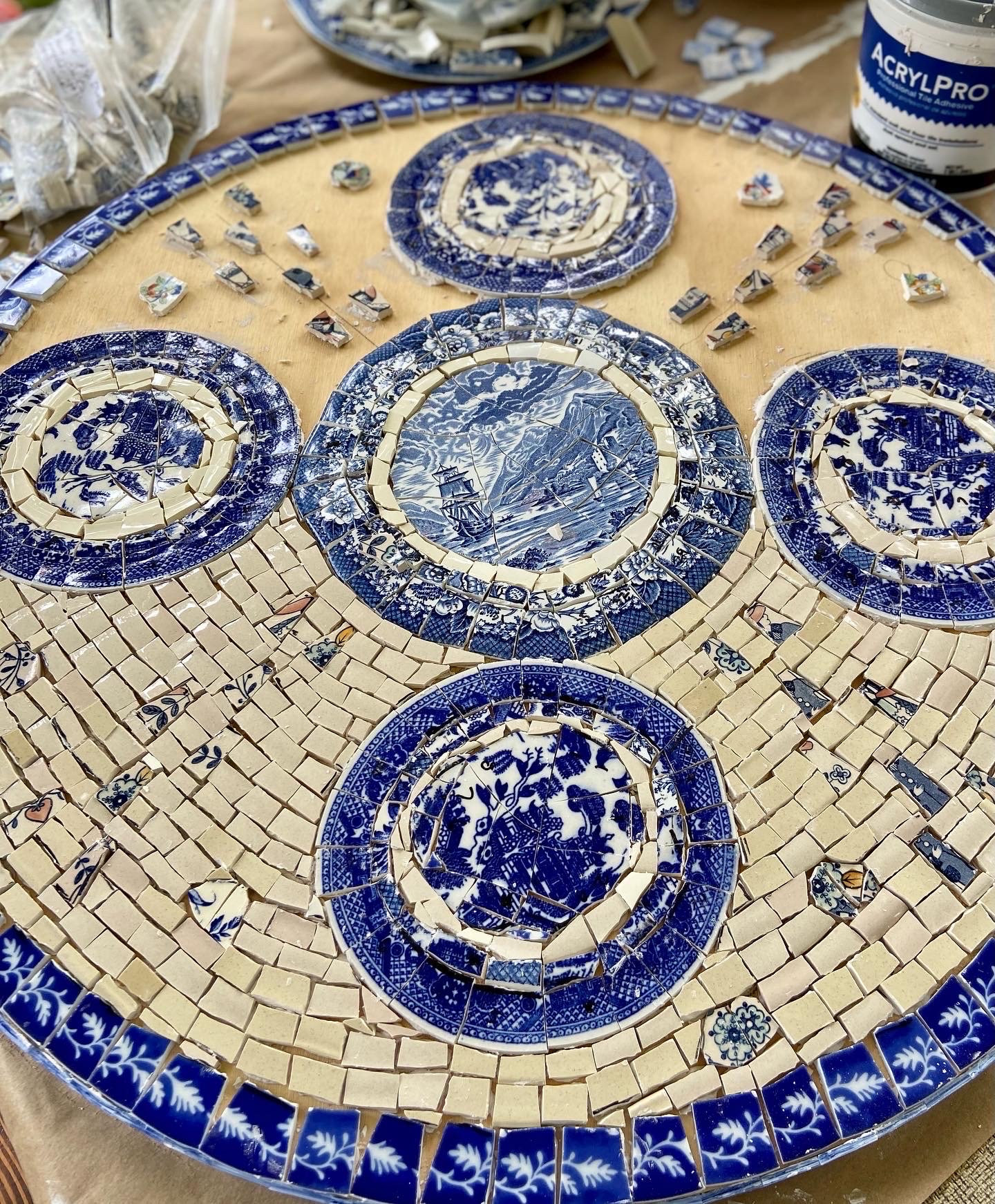 Mosaic Cafe Table Top. Blue Willow China. Broken Ceramic Tiles. Gift ...