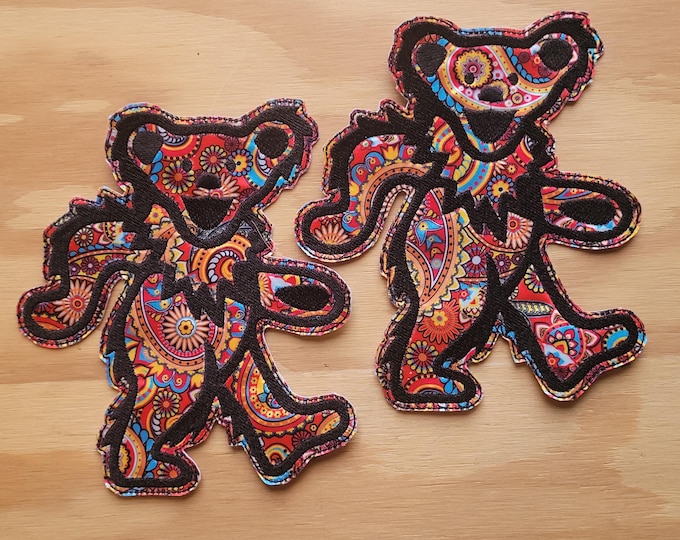 Large Owsley Bear sew on embroidered patch on colorful fabric
