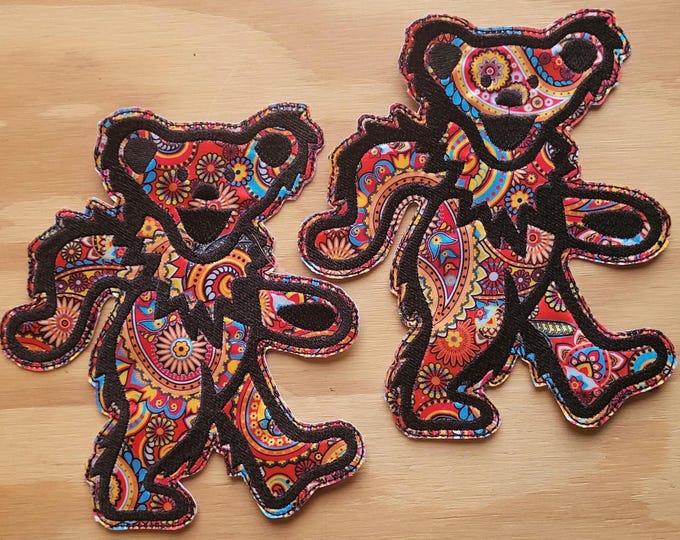 Large Owsley Bear sew on embroidered patch on colorful fabric