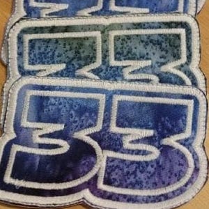Handmade "33" Sew On Patch: Silver or Glow-in-the-Dark Thread