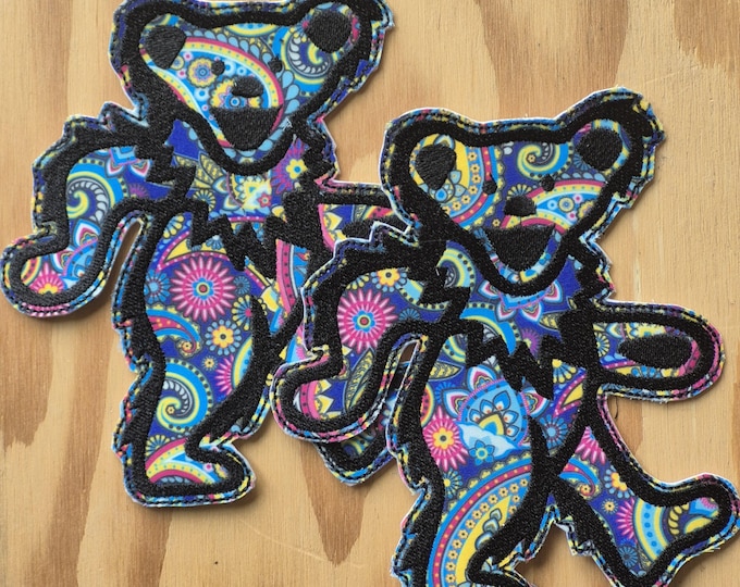 Large Owsley Bear sew on embroidered patch on colorful fabric