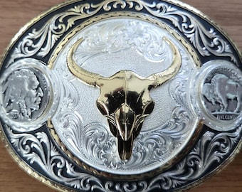 Western Dress Belt and Buckle with Longhorn Skull and 2 Buffalo Head Nickels