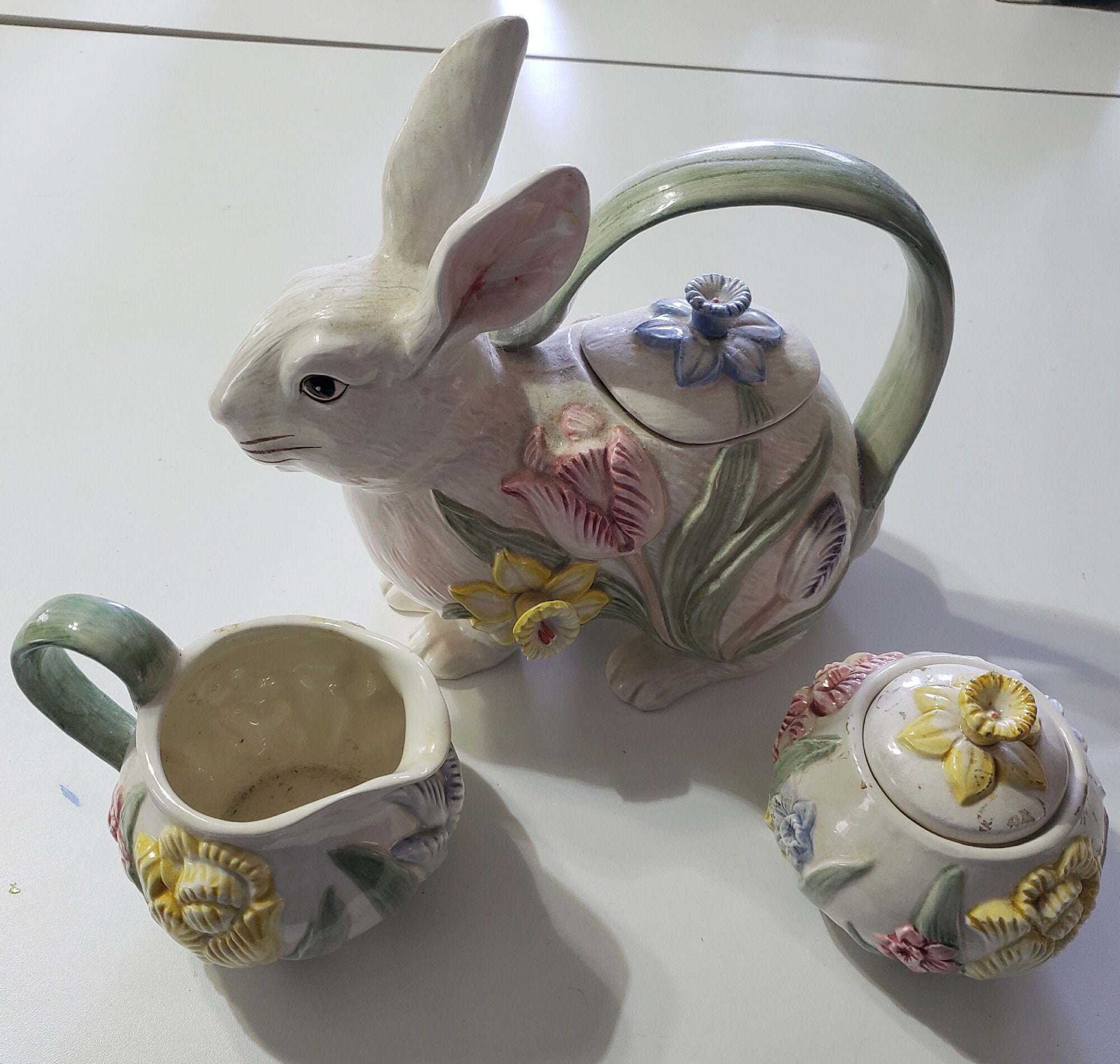 Vintage Bunny Rabbit Tea Set, Includes Tea Pot, Creamer, and Sugar Bowl