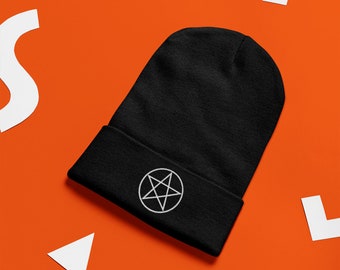 Wiccan Pentacle Cuffed Beanie, Embroidered Pentagram Wicca Symbol of Elements and Unity, Protection Symbol Hat Black and Navy