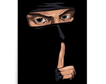Japanese Ninja Poster Print, Anime Art Prints, Black Painting with Shushing Shinobi, Men's Gifts, for Ninjas and Warriors