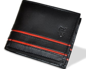 Handmade Personalized Mens Premium Cowhide Bifold Black & Red RFID Indian Luxury Leather Wallet with Coin Pocket | Best Gift for Him