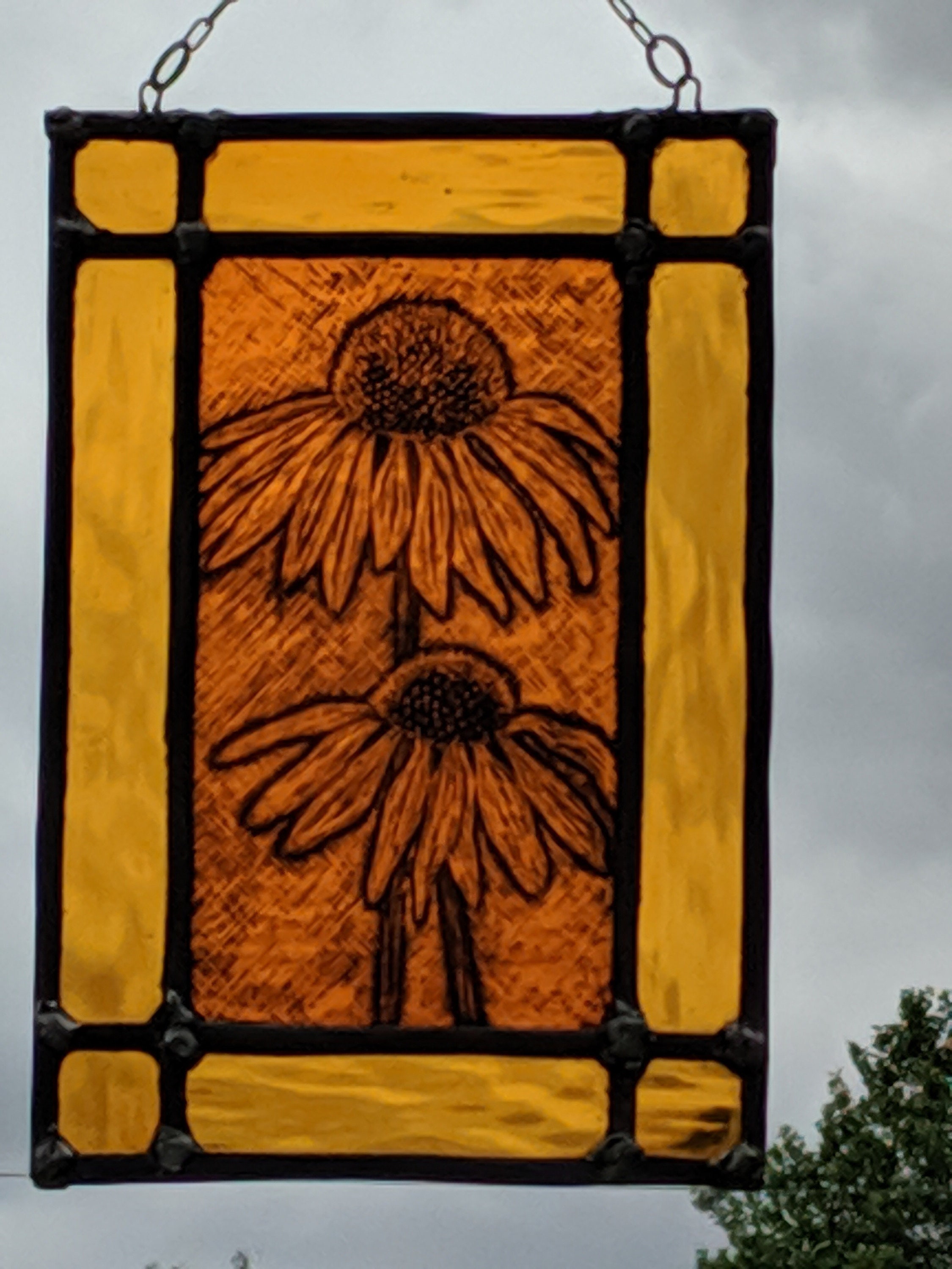 Stained glass. Painted kiln fired echinacea flowers on orange Etsy