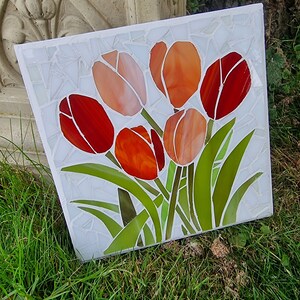 Red and Orange Tulips Mosaic Wall Art, Spring Garden Flowers, Floral ...