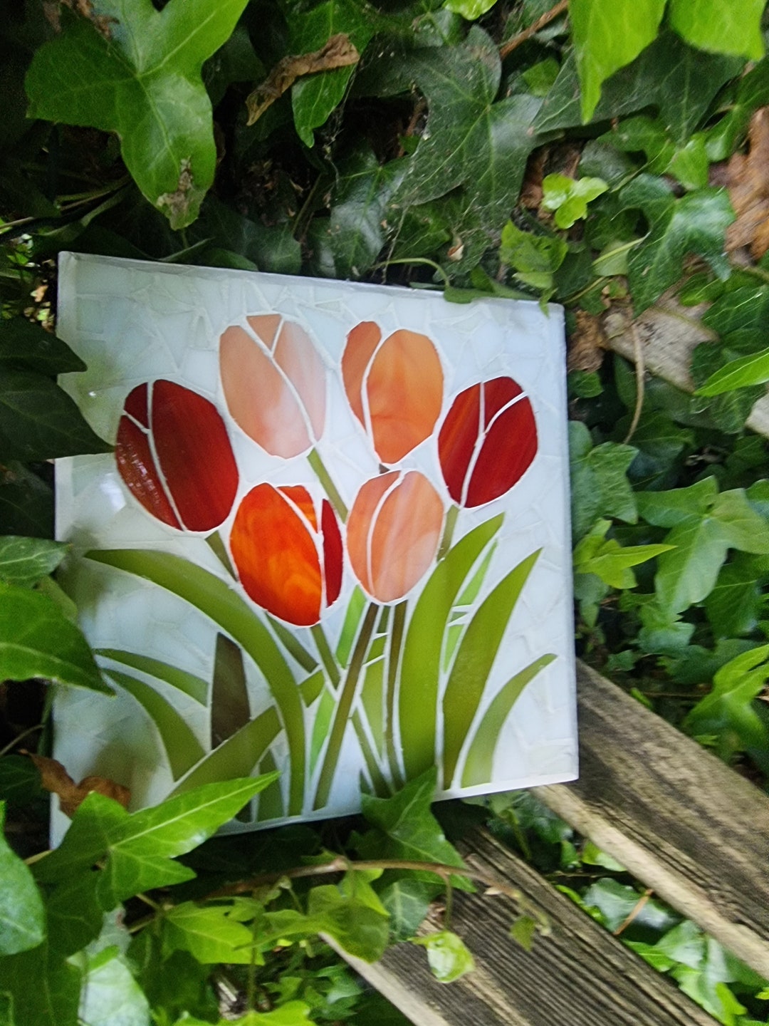 Red and Orange Tulips Mosaic Wall Art, Spring Garden Flowers, Floral ...