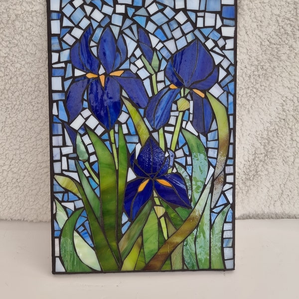 Blue iris stained glass mosaic wall art, blue and green, wall art, interior decor, boho  wall art, floral glass art, glass gift, original