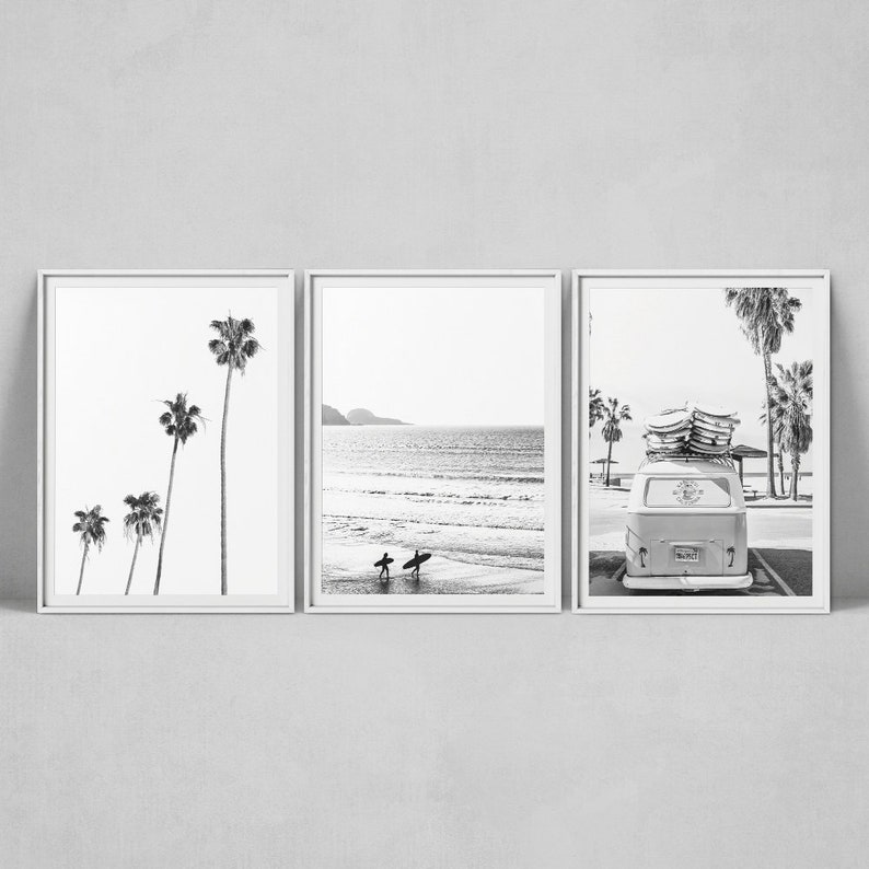 Surf Print Set of 3 Black And White Beach Print Tropical Etsy