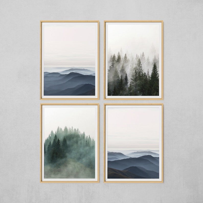 Forest Print Set Mountain Wall Art Set Of 4 Prints Nature Etsy