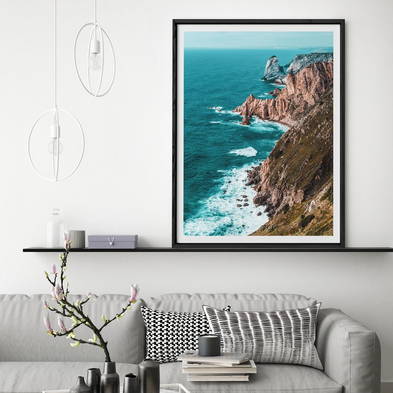 Teal Ocean Print Rocky Coast Wall Art Coastal Wall Decor Etsy