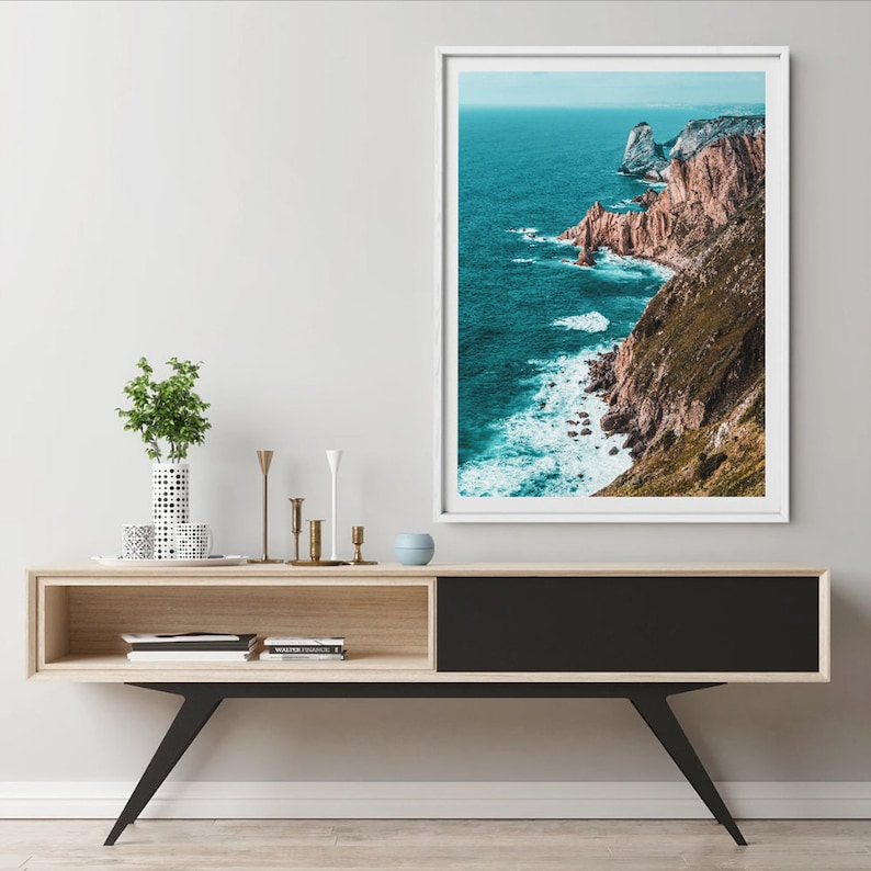 Teal Ocean Print Rocky Coast Wall Art Coastal Wall Decor Etsy