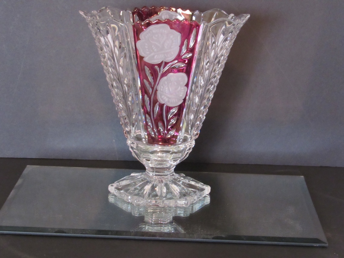 Vintage Crystal Vase Etched Roses Anna Hutte Vase Etsy