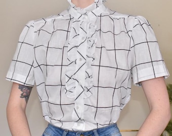 1970s Vintage White & Black Ruffle Blouse - Size 12
