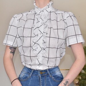 1970s Vintage White & Black Ruffle Blouse - Size 12