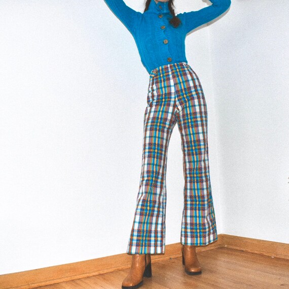 1970's Seersucker Flared Trousers - Plaid - Bell B