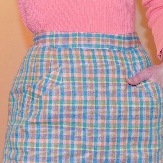 70s Vintage Pastel Plaid Pencil Skirt - Size XS W… - image 2