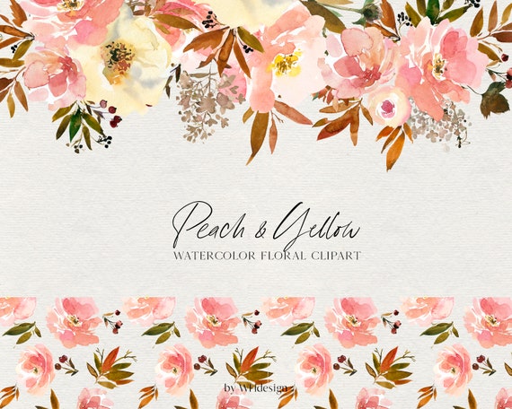Peach Yellow Watercolor Floral Clipart Pastel Pink Flowers Etsy