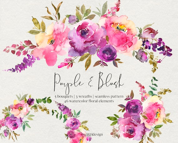 Purple Blush Watercolor Floral Clipart Violet Pink Yellow Etsy Purple Blush Watercolor Floral Clipart Violet Pink Yellow Etsy