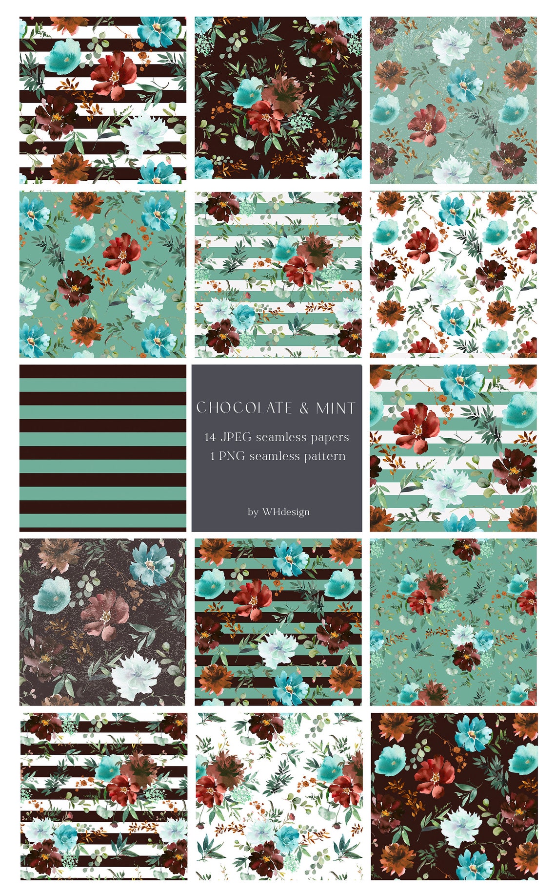 Braunes und mint florales Muster Schokolade & MintGrün | Etsy