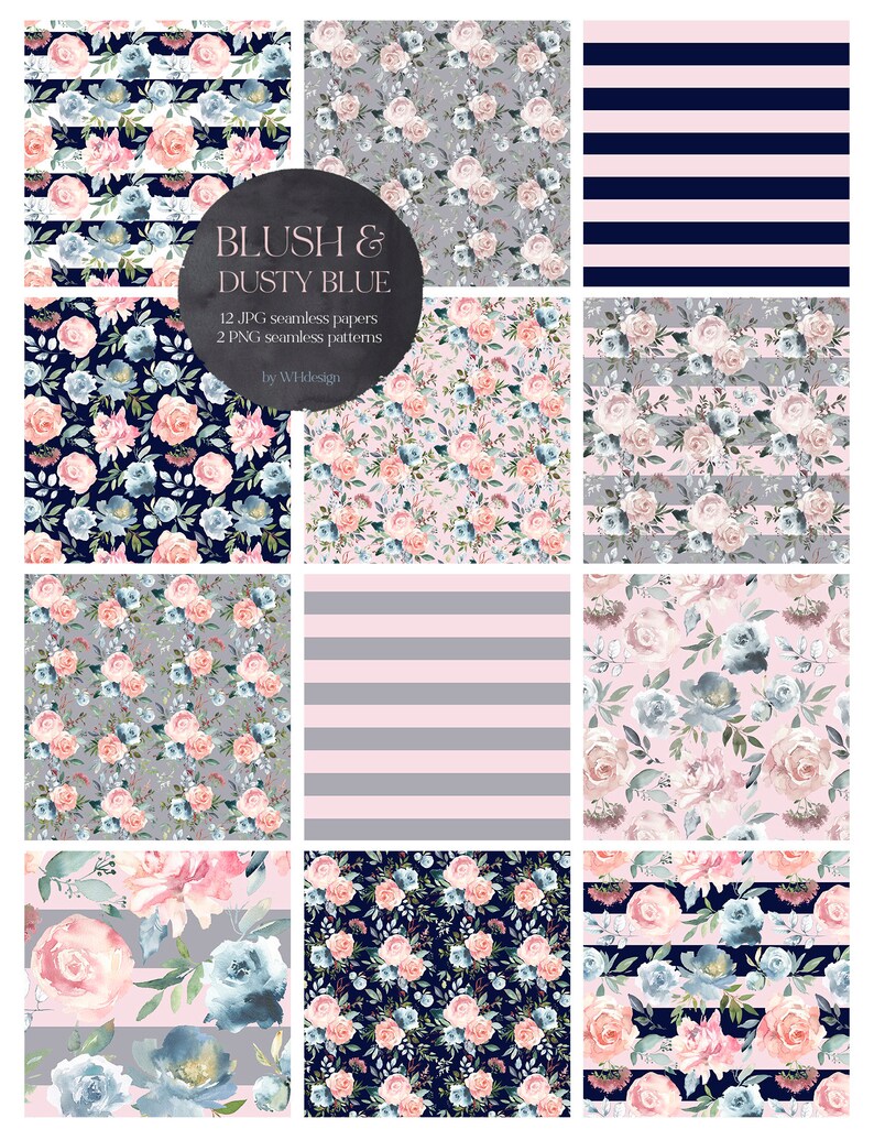 Blush Dusty Blue Gray Pink Navy Seamless Floral Pattern Paper Etsy