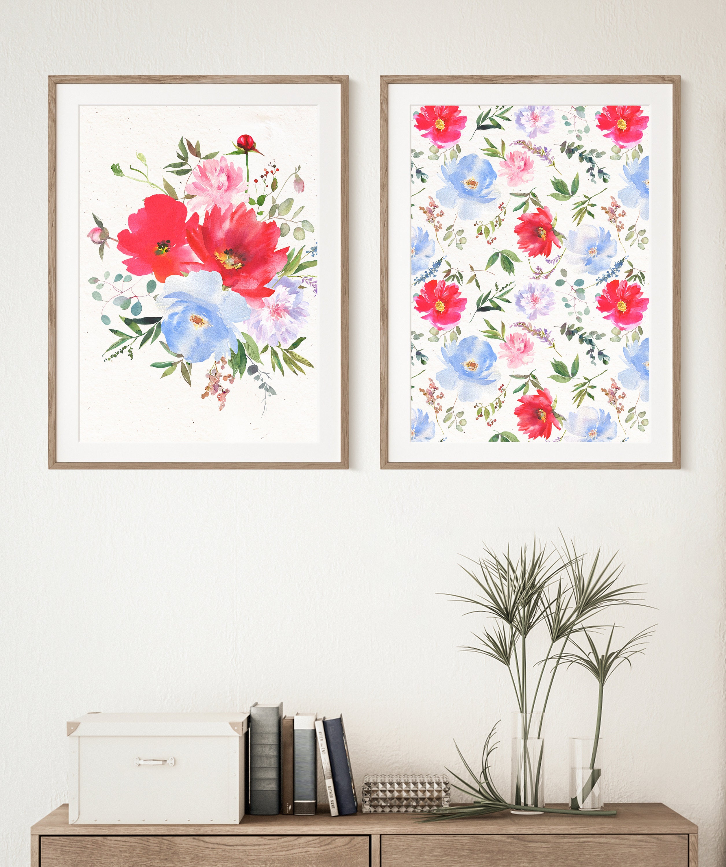 Watercolor Flowers Clipart Red Pastel Pink Blue Florals PNG | Etsy