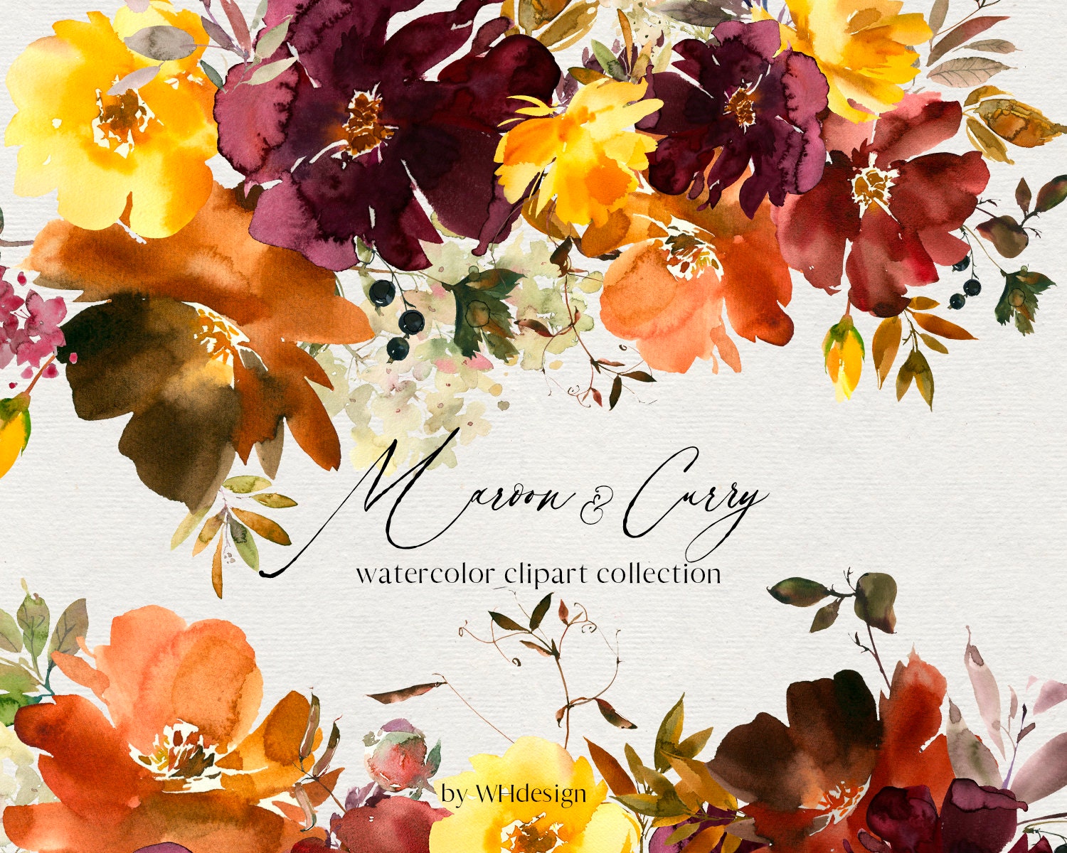 Maroon Yellow Watercolor Floral Clipart Brown Burgundy Orange Yellow …