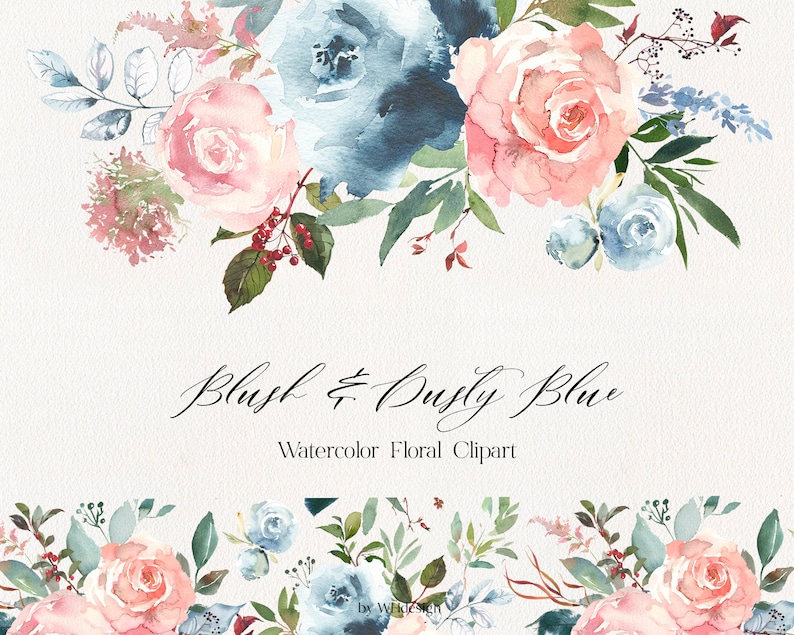 Blush & Dusty Blue Watercolor Floral Clip Art PNG Bouquets | Etsy