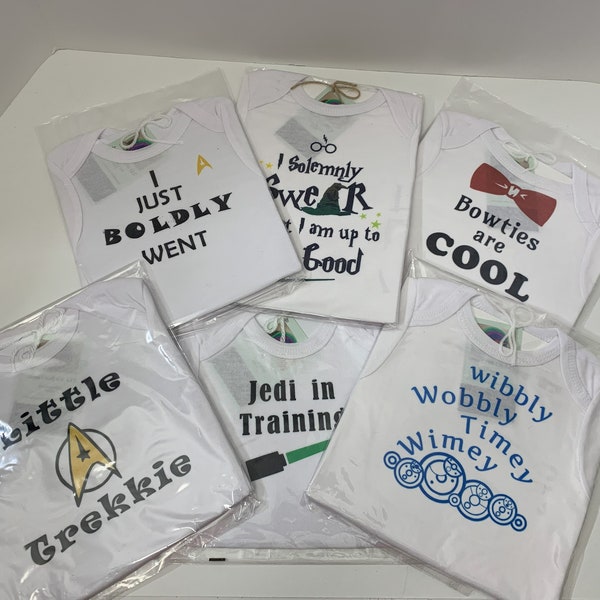 Fan inspired WOW, Trekkie, Gamer, TV, Movie and Customized Baby Onesies