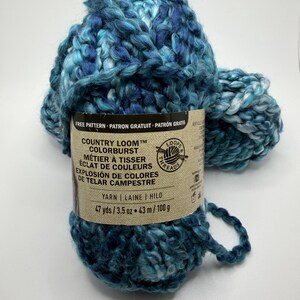 May include: A skein of thick, variegated blue and white yarn with a tan paper label. The label reads Country Loom Colorburst, Loops & Threads, Yarn, 47 yds, 3.5 oz. The yarn has a chunky, braided texture with a mix of dark and light blue tones.