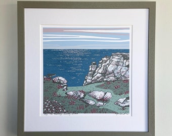 Impresión artística giclée del paisaje marino de la isla de Lundy, junto a la batería, edición firmada, arte mural costero