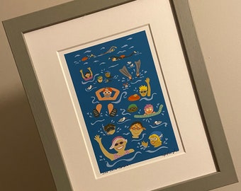 Mini print “Sea Swim Splash”, digital, art, signed, mounted, unframed/framed